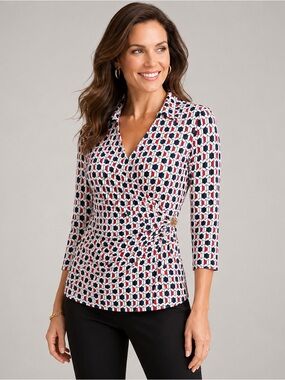 Boston Proper Geometric Wrap Top Medium 3/4 Sleeve Stretch Office Business Chic